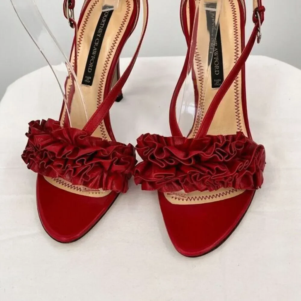 Courtney‎ Crawford Ruffle Leather Strappy Heels Sandals Red 38.5 (8) Made Italy